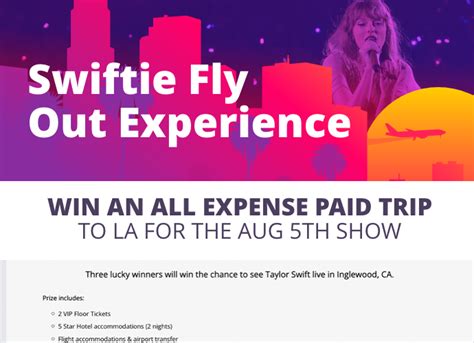 Taylor Swift Giveaway We are sending three (3) lucky winners to see Taylor Swift LIVE in Inglewood, California What's included Two (2) VIP Floor Tickets 5-Star Hotel Accommodations (2 nights) Flight accommodations & airport transfer 100 gift card for merch Show more. . Tickpick taylor swift giveaway